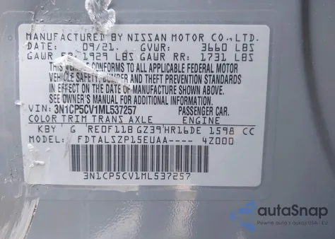 2021 Nissan Kicks Sv Xtronic Cvt z USA, uszkodzony, nr VIN 3N1CP5CV1ML537257